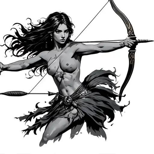 Topless Female Archer Shooting An Arrow