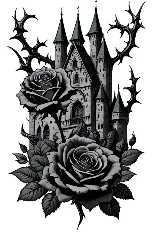 Black Roses With Thorns In Front Of Gothic Castle