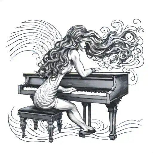 Beautiful Woman In Profile With Wavy Hair Playing The Piano Surrounded By Waves