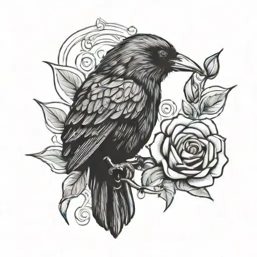 Crow Holding A Rose Simple Tattoo Design
