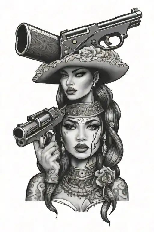 Chicano Woman Face With Gun