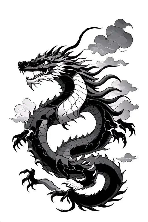 Japanese Dragon Full Body With Clouds Surrounding