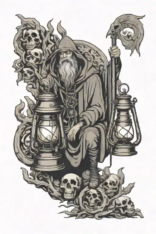 The Hermit Tarot Card Where He's Holding An Old Lantern And Standing On Skulls