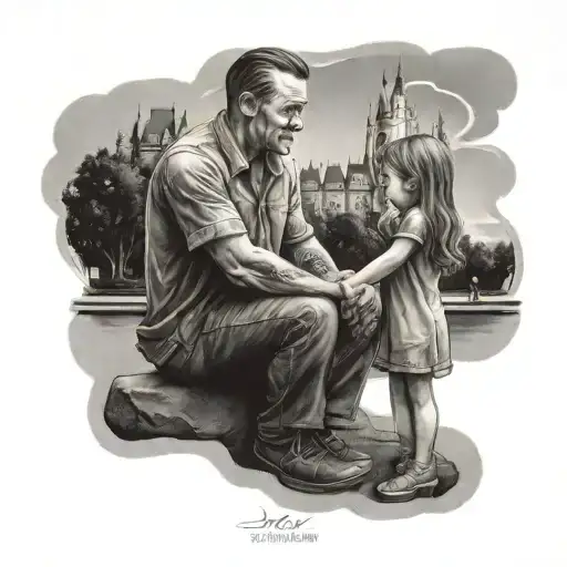 Father And Daughter Holding Hands Like Walt Dianey Statue In Front Of Disney Castle
