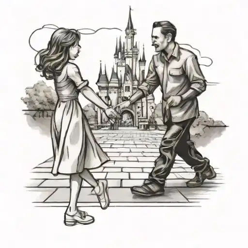 Father And Daughter Holding Hands Like Walt Disney Statue In Front Of Disneyland Castle