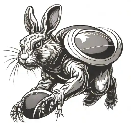 A Black And Grey Illustration Of An American Football Ball Transforming Into A Rabbit Mid-air