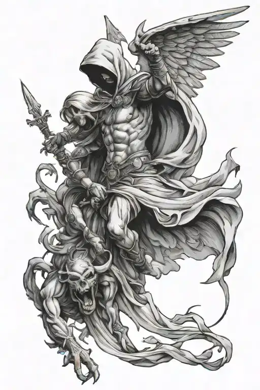 Hooded Arch Angel Defeating A Demon