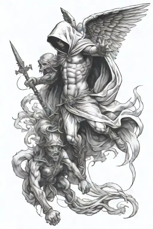 Hooded Arch Angel Defeating A Demon
