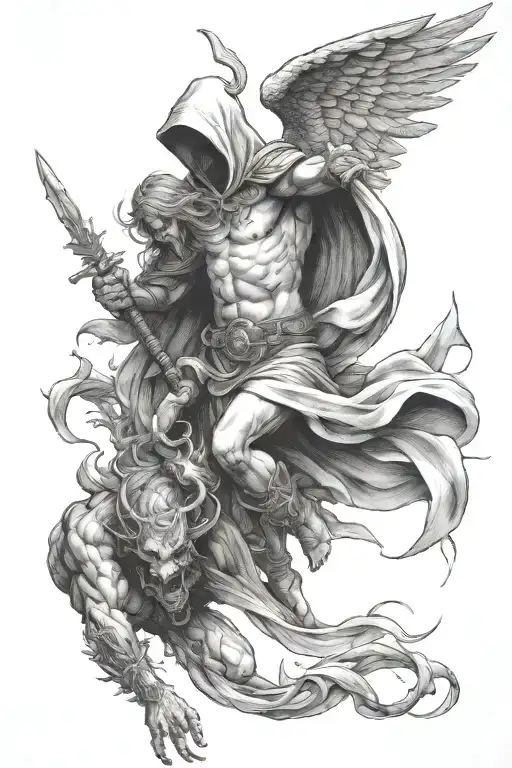 Hooded Arch Angel Defeating A Demon