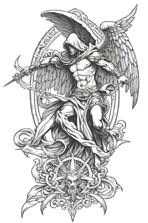 Hooded Arc Angel Flying Down To Defeat A Demon With Angels In The Background