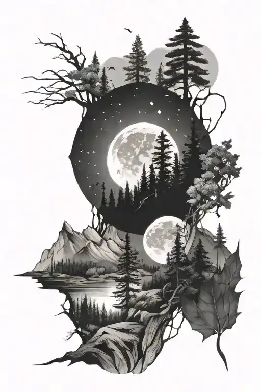 Forest With Moutain In The Background At Night Woth Stars And Moon Full Sleeve