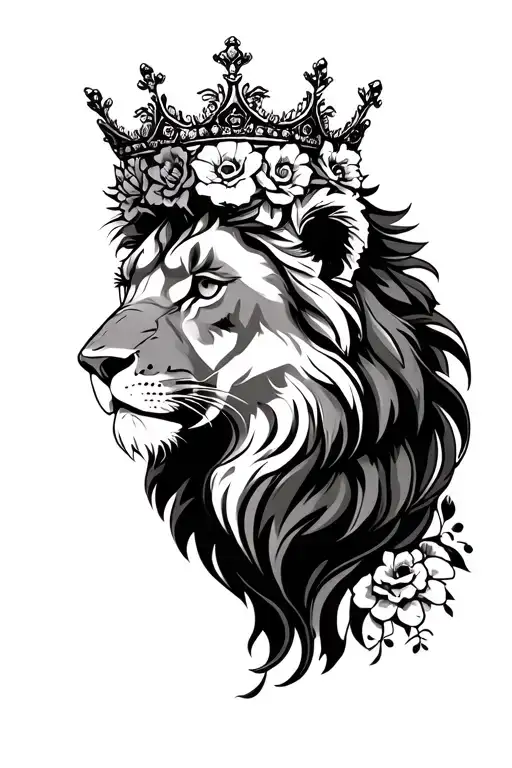 Half Lion Half Lioness Wearing A Crown With Flowers