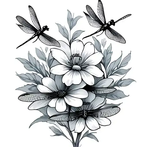 Four Dragon Flies And Two Flowers