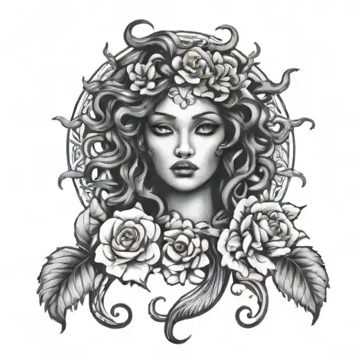 Medusa Face Surrounded Florals Thigh Piece