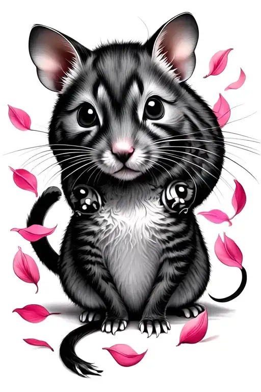 A Rat And A Cat With Pink Petals Floating Around Them