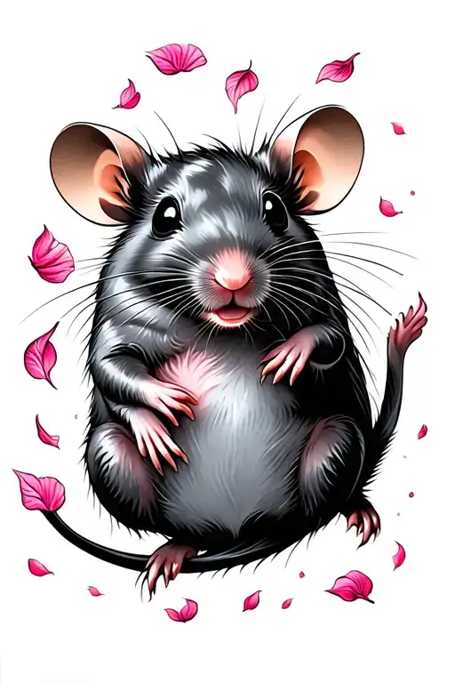 A Rat Floating Towards Space With Pink Petals Floating Around Them