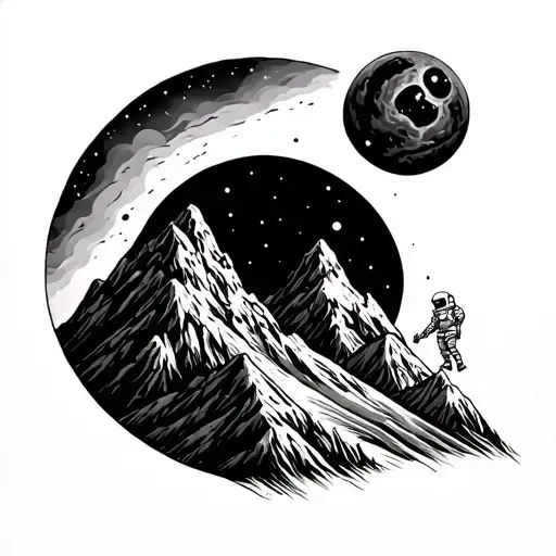 Mountains With A Sun And An Human Astronaut Floating