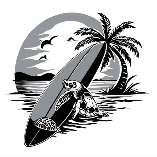 Surf Board With Turtle In Side And Sun And Palm Tree