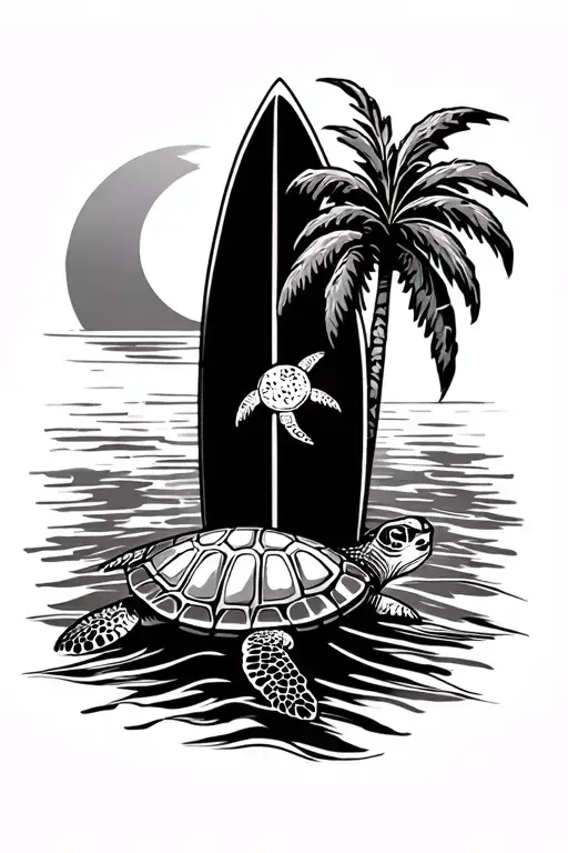 Surf Board With Turtle In Side And Sun And Palm Tree