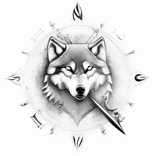 Viking Compass With A Wolf And Raven