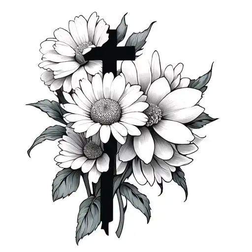 Make Me A Tattoo Of A Cross With One Daisy One Honeysuckle Two Peony And Two Narcissus