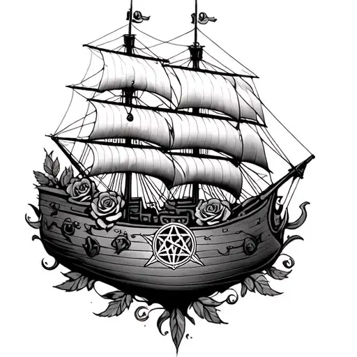 Pirate Ship Pentagram Roses Intertwined