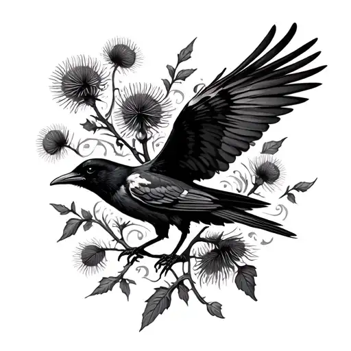 Flying Crow Thistles And Vines