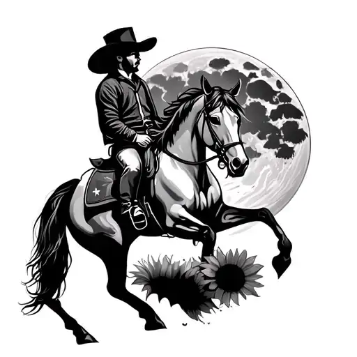Cowboy Riding Horse Nighttime Moon Theme Sunflower