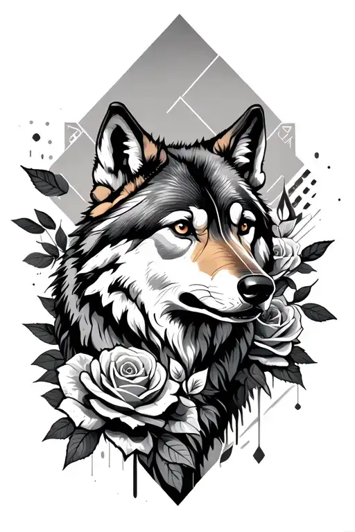 Wolf In Realism Against The Background Of Which There Are Many Geometric Shapes And Roses