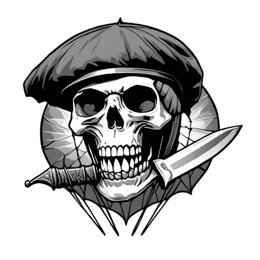 Skull With A Knife In The Teeth In The Beret Of The Paratrooper Against The Background Of A Bat