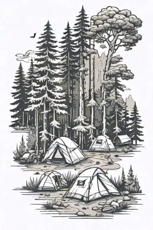 Camping Scene In Forest Landscape