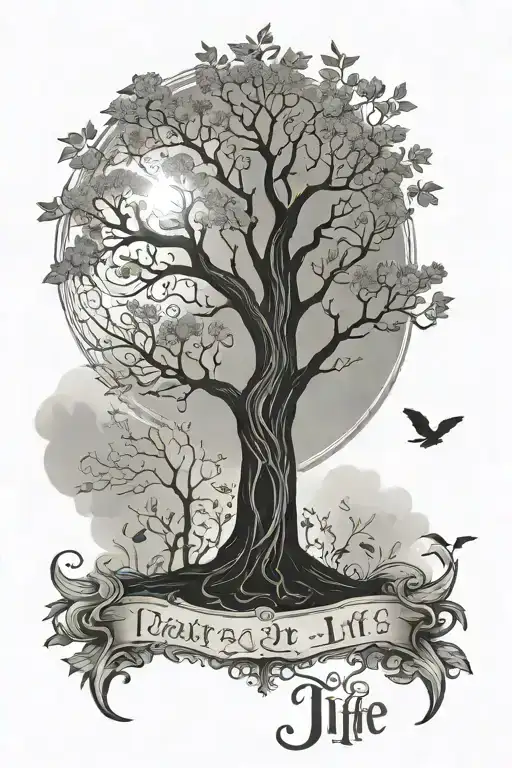 A Whimsical And Elegant Tree Of Life Tattoo Featuring The Date 31St Dec In A Black-grey Style