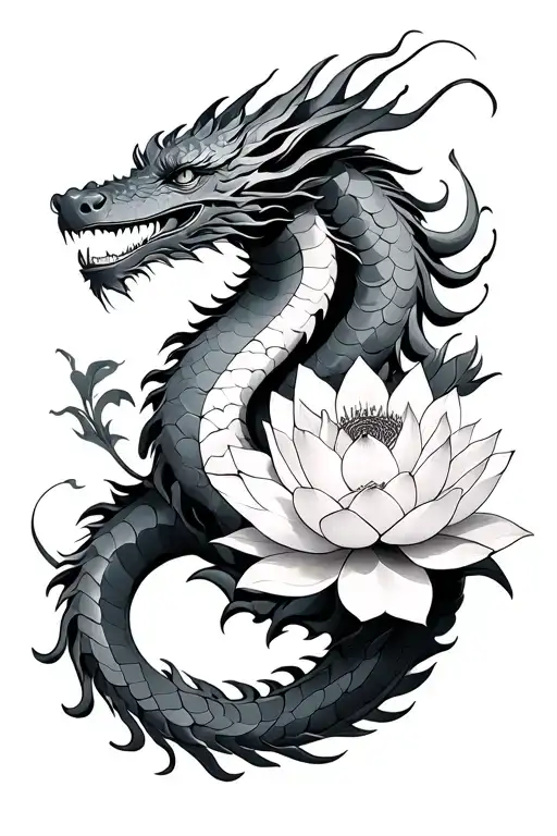 Dragon Intertwined With Lotus Flower