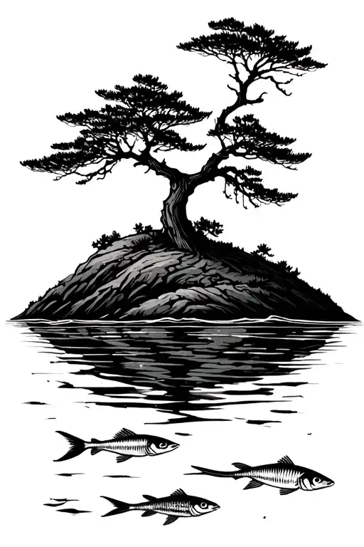 Windswept Pine Tree Silhouette Isloated On An Island Surrounded By Water With Pisces Fish In Water
