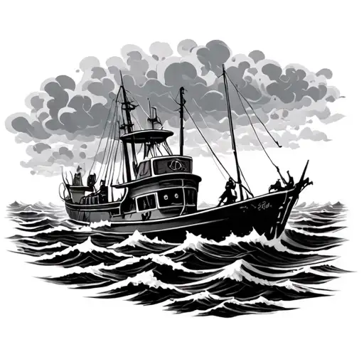 Stormy Ocean With Boat Fishing