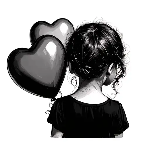 A Sketch Sillohette Of A Little Girl Facing Back Wards With 2 Heart Shaped Balloons