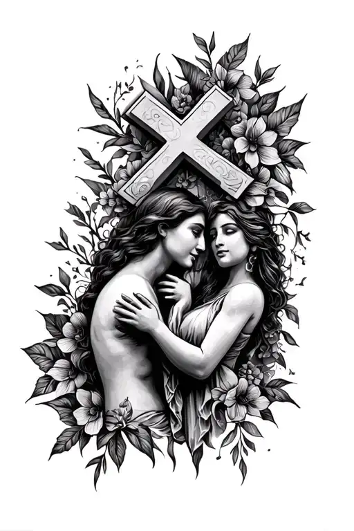 Cross With Neenee And Mom Tattoo For Men