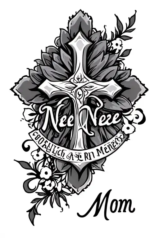 Cross With Neenee And Mom Name Tattoo For Men