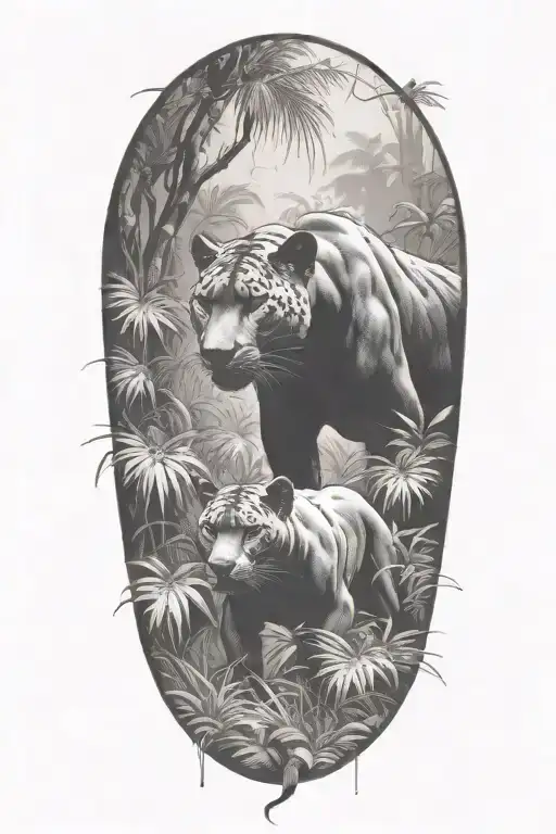 A Pack Of Panthers Stalking Through A Dense Jungle With Rain Falling