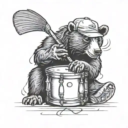 Bear Sitting With A Baseball Hat Playing A Snare Drum