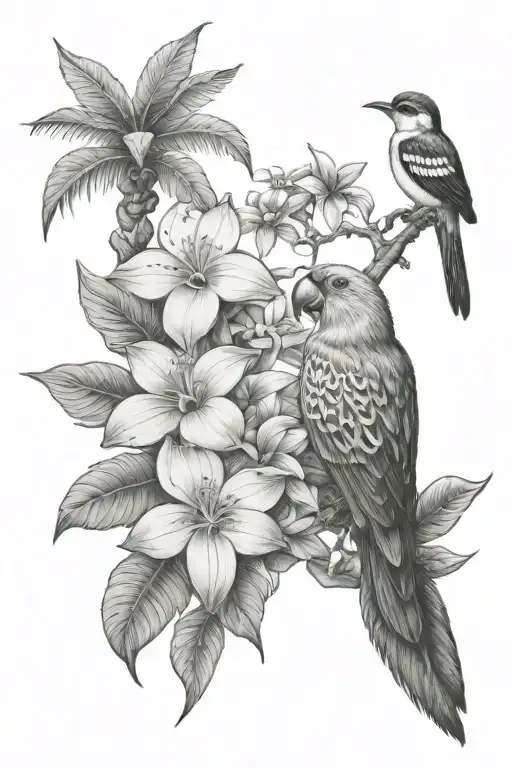 Small Botainical Tatoo With Ecuador Amazon Rainforest Lots Of Tree And Tropical Flowers Scene