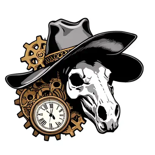 Clock Cogs Horse Skull Cowboy Hat