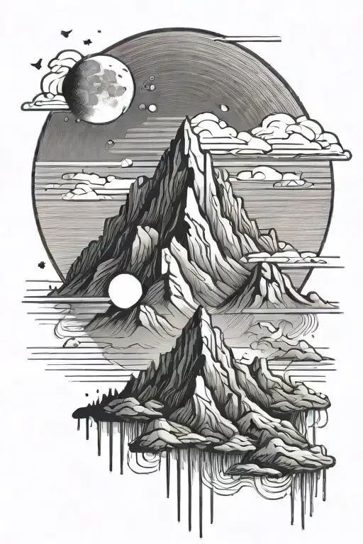Mountain And Moon Surrounded By Straight Lines