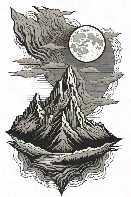 Mountain And Moon Surrounded By Straight Vertical Lines