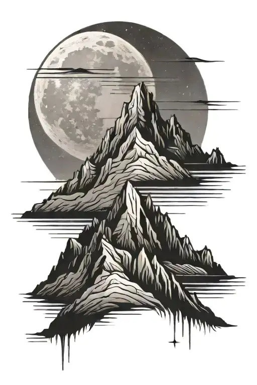Mountain And Moon Surrounded By Straight Vertical Lines