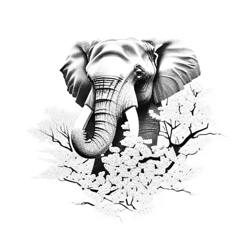 Half Elephant Face With Cherry Blossom Tree