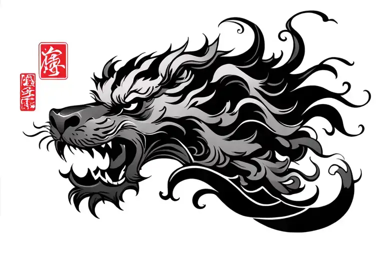 Japanese Waves Surrounding Chinese Guardian Lion Head