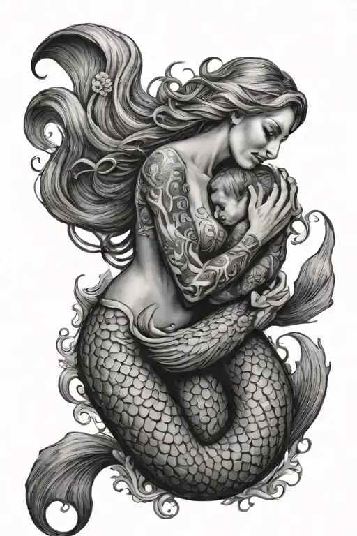 Mermaid Mother Embracing Her
