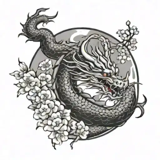 A Traditional Japanese Dragon Coiled Around A Cherry Blossom Tree With A Full Moon In The Background