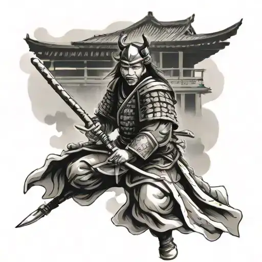 Samurai On The Background Of A Japanese Castle